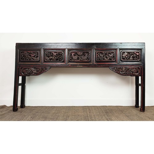 140 - ALTAR TABLE, Chinese lacquer with carved grill panels and two end drawers, 33cm D x104cm H x 194cm W... 