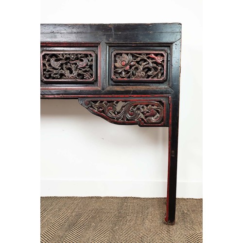 140 - ALTAR TABLE, Chinese lacquer with carved grill panels and two end drawers, 33cm D x104cm H x 194cm W... 