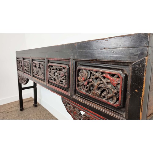 140 - ALTAR TABLE, Chinese lacquer with carved grill panels and two end drawers, 33cm D x104cm H x 194cm W... 