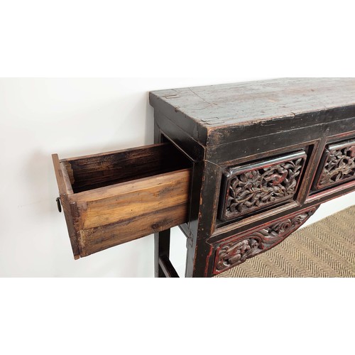 140 - ALTAR TABLE, Chinese lacquer with carved grill panels and two end drawers, 33cm D x104cm H x 194cm W... 