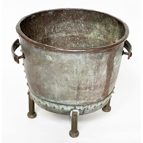 210 - LOG BIN, 19th century circular drum form copper and studded with handles and feet, 56cm W x 52cm H.