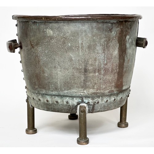 210 - LOG BIN, 19th century circular drum form copper and studded with handles and feet, 56cm W x 52cm H.