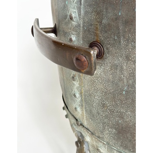 210 - LOG BIN, 19th century circular drum form copper and studded with handles and feet, 56cm W x 52cm H.