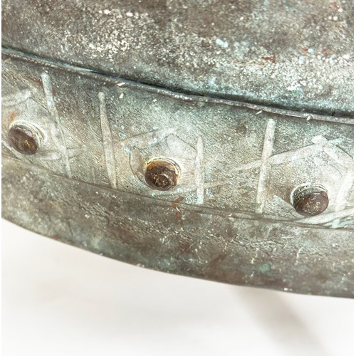 210 - LOG BIN, 19th century circular drum form copper and studded with handles and feet, 56cm W x 52cm H.