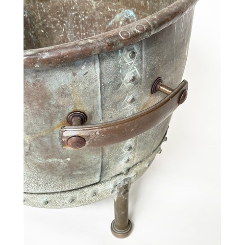 210 - LOG BIN, 19th century circular drum form copper and studded with handles and feet, 56cm W x 52cm H.