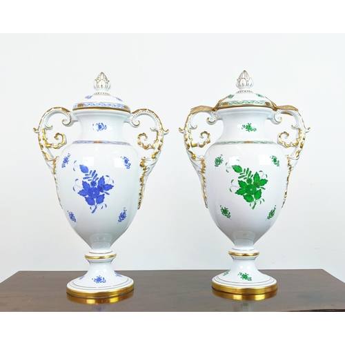 105 - HEREND LIDDED VASES, two, one with blue Chinese bouquet pattern, the other in green Chinese bouquet ... 