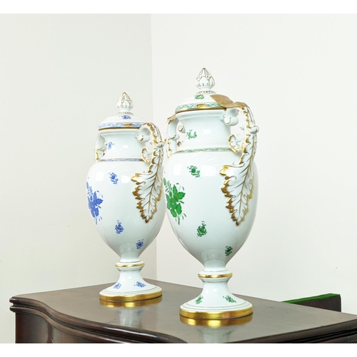 105 - HEREND LIDDED VASES, two, one with blue Chinese bouquet pattern, the other in green Chinese bouquet ... 