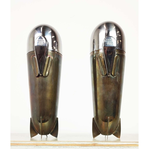 106 - COCKTAIL SHAKERS, a pair, Zeppelin form polished metal, 25cm H. (2)