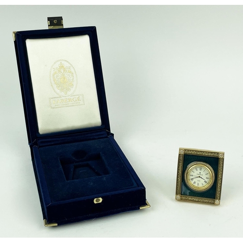 108 - FABERGE GUILLOCHE GREEN ENAMEL DESK CLOCK, in original blue box, clock 7cm H x 6cm W.