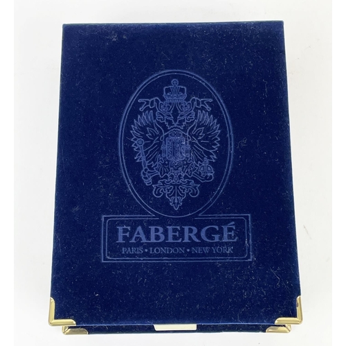 108 - FABERGE GUILLOCHE GREEN ENAMEL DESK CLOCK, in original blue box, clock 7cm H x 6cm W.