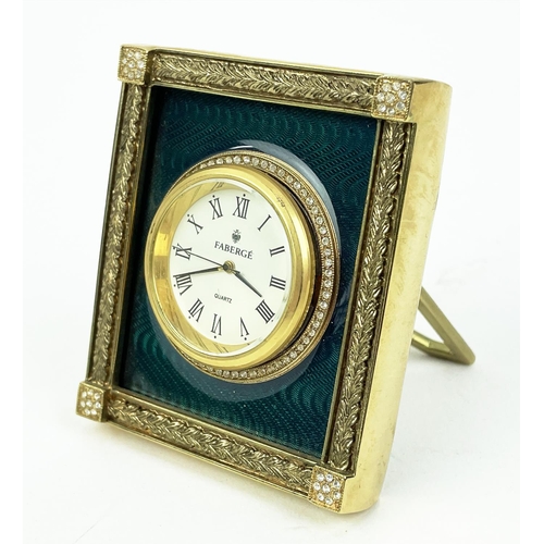 108 - FABERGE GUILLOCHE GREEN ENAMEL DESK CLOCK, in original blue box, clock 7cm H x 6cm W.