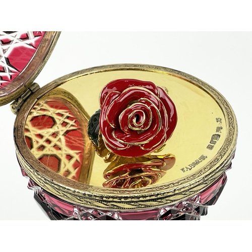 109 - FABERGE 'ROSE' BOHEMIAN CUT GLASS EGG, number 25,  hinged lid opening to reveal enamel rose on gold ... 