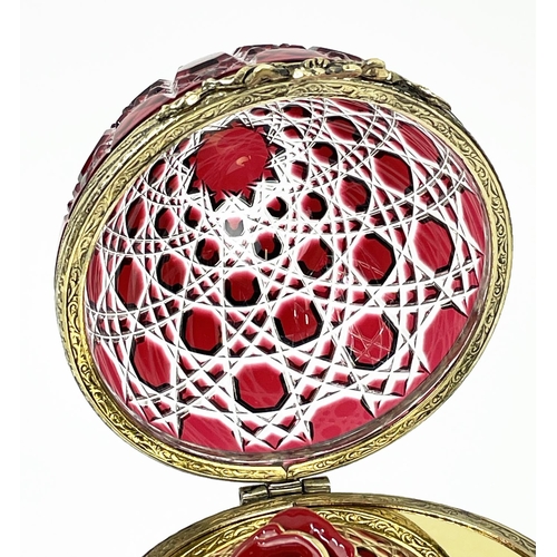 109 - FABERGE 'ROSE' BOHEMIAN CUT GLASS EGG, number 25,  hinged lid opening to reveal enamel rose on gold ... 