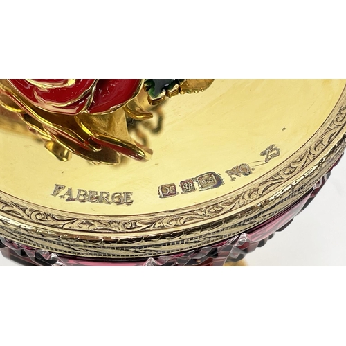 109 - FABERGE 'ROSE' BOHEMIAN CUT GLASS EGG, number 25,  hinged lid opening to reveal enamel rose on gold ... 