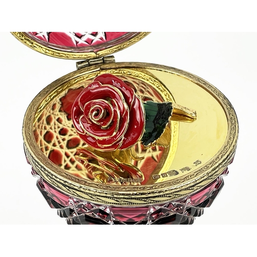 109 - FABERGE 'ROSE' BOHEMIAN CUT GLASS EGG, number 25,  hinged lid opening to reveal enamel rose on gold ... 