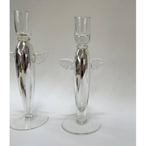 111 - ANGEL CHAMPAGNE GLASSES, a collection of eleven and a near pair of candlesticks, silver with angel w... 