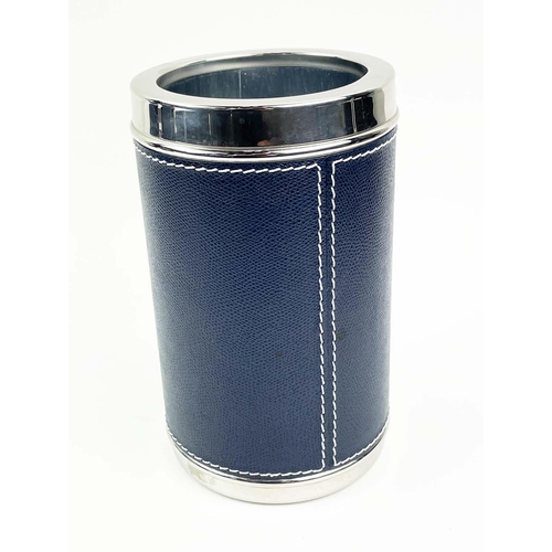 124 - B HOME INTERIORS ITALY FOR LINLEY ICE BUCKET WINE COOLER AND WATER JUG, with blue stitched leather a... 