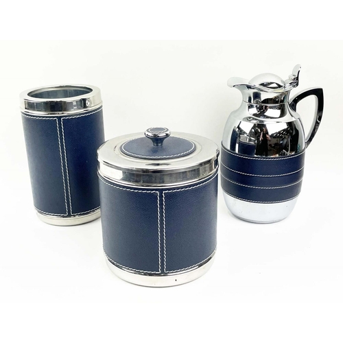 124 - B HOME INTERIORS ITALY FOR LINLEY ICE BUCKET WINE COOLER AND WATER JUG, with blue stitched leather a... 