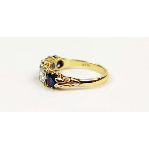 148 - AN 18CT GOLD FIVE STONE DIAMOND AND SAPPHIRE DRESS RING, set with three sapphires and two
diamonds, ... 