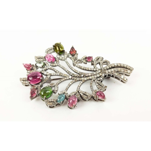 150 - A TREE OF LIFE BROOCH, set with multi-coloured cabouchon tourmalines, diamond encrusted frame,
6cm h... 