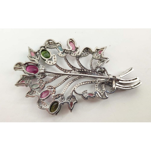 150 - A TREE OF LIFE BROOCH, set with multi-coloured cabouchon tourmalines, diamond encrusted frame,
6cm h... 