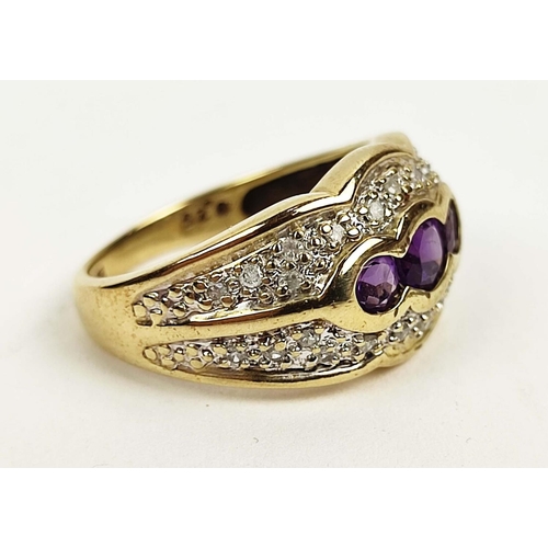 151 - A 9CT GOLD GENTS AMETHYST AND DIAMOND DRESS RING, with three oval cut amethysts and
interspaced with... 