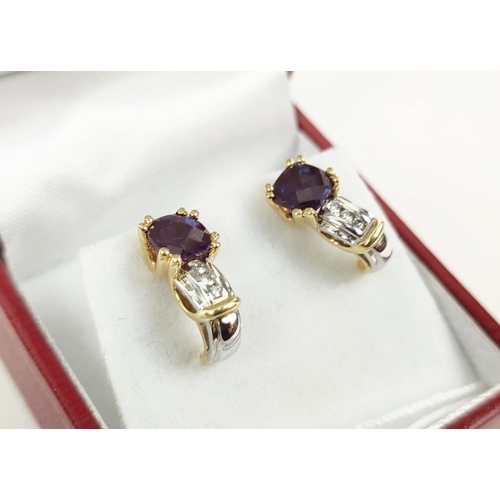 158 - A PAIR OF 18CT GOLD ALEXANDRITE AND DIAMOND EARRINGS, in yellow and white gold, the alexandrite ston... 