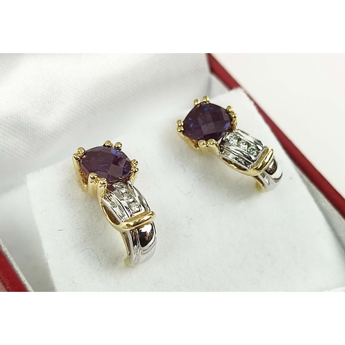 158 - A PAIR OF 18CT GOLD ALEXANDRITE AND DIAMOND EARRINGS, in yellow and white gold, the alexandrite ston... 