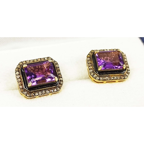 160 - A PAIR OF AMETHYST AND DIAMOND CUFFLINKS, yellow metal, the emerald cut amethysts of approximately 5... 