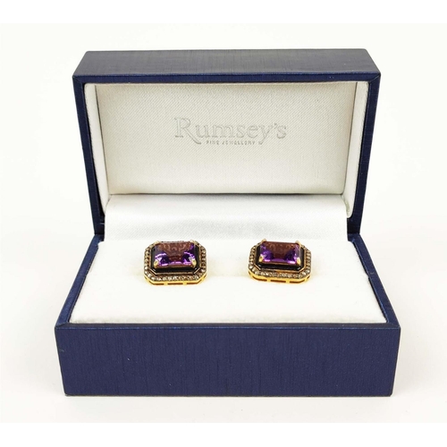 160 - A PAIR OF AMETHYST AND DIAMOND CUFFLINKS, yellow metal, the emerald cut amethysts of approximately 5... 