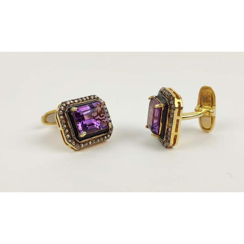 160 - A PAIR OF AMETHYST AND DIAMOND CUFFLINKS, yellow metal, the emerald cut amethysts of approximately 5... 