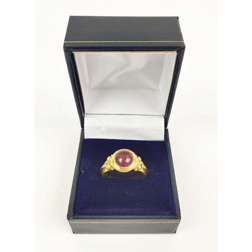 172 - MASSIMO MARIA MELIS, Italian 20ct gold Roman revival ruby ring, the cabochon ruby set in a closed ba... 