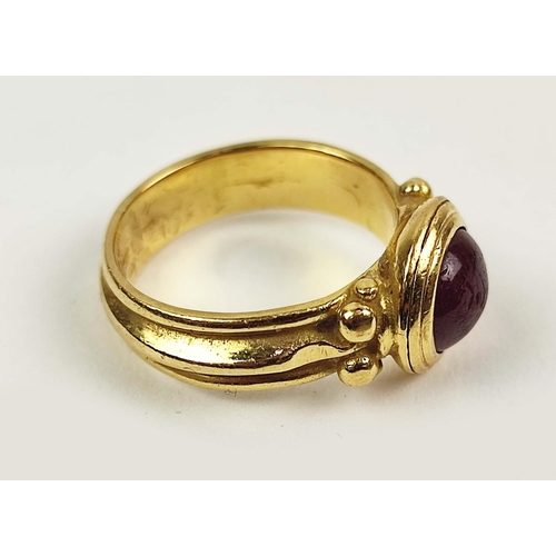 172 - MASSIMO MARIA MELIS, Italian 20ct gold Roman revival ruby ring, the cabochon ruby set in a closed ba... 