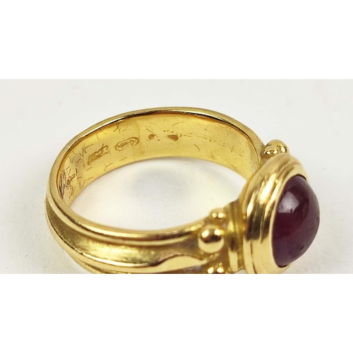 172 - MASSIMO MARIA MELIS, Italian 20ct gold Roman revival ruby ring, the cabochon ruby set in a closed ba... 