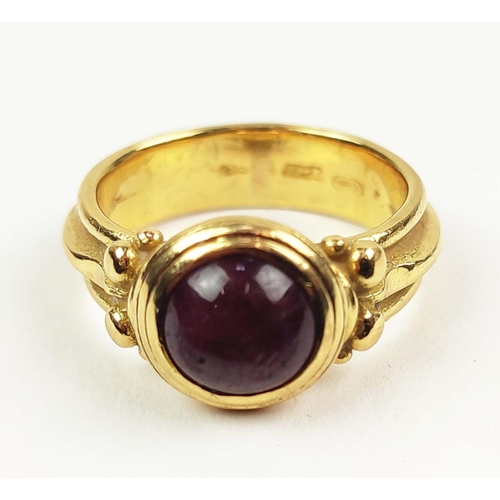 172 - MASSIMO MARIA MELIS, Italian 20ct gold Roman revival ruby ring, the cabochon ruby set in a closed ba... 