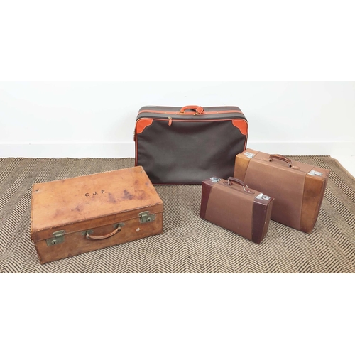 19 - VINTAGE LEATHER SUITCASE, 60cm x 20cm x 40cm and two leather and canvas small suitcases with silver ... 