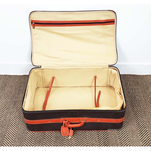 19 - VINTAGE LEATHER SUITCASE, 60cm x 20cm x 40cm and two leather and canvas small suitcases with silver ... 