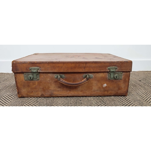 19 - VINTAGE LEATHER SUITCASE, 60cm x 20cm x 40cm and two leather and canvas small suitcases with silver ... 