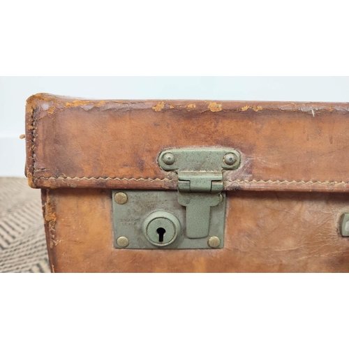 19 - VINTAGE LEATHER SUITCASE, 60cm x 20cm x 40cm and two leather and canvas small suitcases with silver ... 