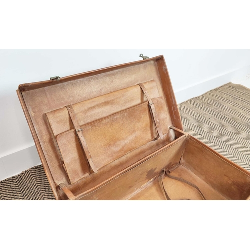 19 - VINTAGE LEATHER SUITCASE, 60cm x 20cm x 40cm and two leather and canvas small suitcases with silver ... 