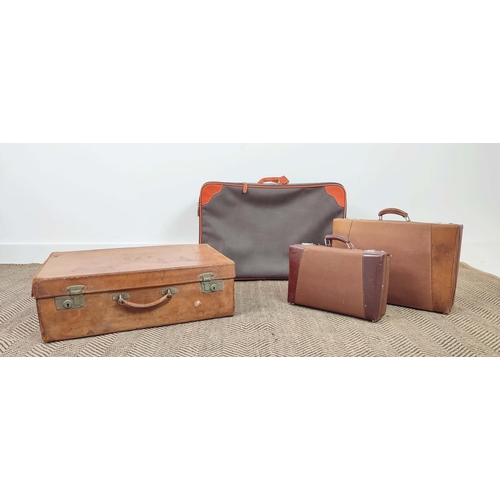 19 - VINTAGE LEATHER SUITCASE, 60cm x 20cm x 40cm and two leather and canvas small suitcases with silver ... 