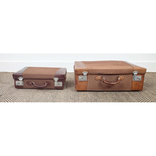 19 - VINTAGE LEATHER SUITCASE, 60cm x 20cm x 40cm and two leather and canvas small suitcases with silver ... 