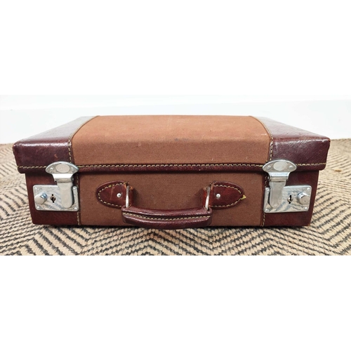 19 - VINTAGE LEATHER SUITCASE, 60cm x 20cm x 40cm and two leather and canvas small suitcases with silver ... 