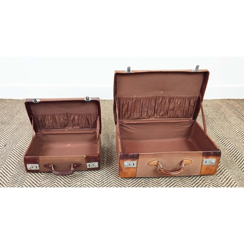 19 - VINTAGE LEATHER SUITCASE, 60cm x 20cm x 40cm and two leather and canvas small suitcases with silver ... 