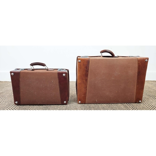 19 - VINTAGE LEATHER SUITCASE, 60cm x 20cm x 40cm and two leather and canvas small suitcases with silver ... 