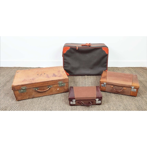 19 - VINTAGE LEATHER SUITCASE, 60cm x 20cm x 40cm and two leather and canvas small suitcases with silver ... 