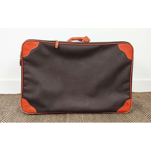 19 - VINTAGE LEATHER SUITCASE, 60cm x 20cm x 40cm and two leather and canvas small suitcases with silver ... 