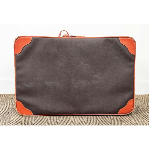 19 - VINTAGE LEATHER SUITCASE, 60cm x 20cm x 40cm and two leather and canvas small suitcases with silver ... 