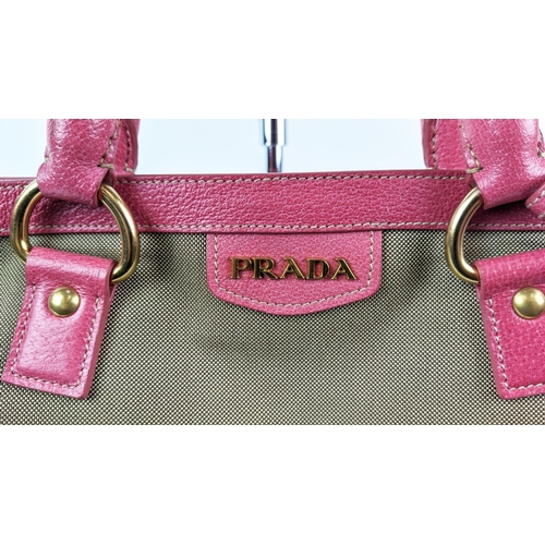 21 - PRADA TOTE BAG, canvas with embroidered front jacquard logo and leather begonia colour trims, handle... 