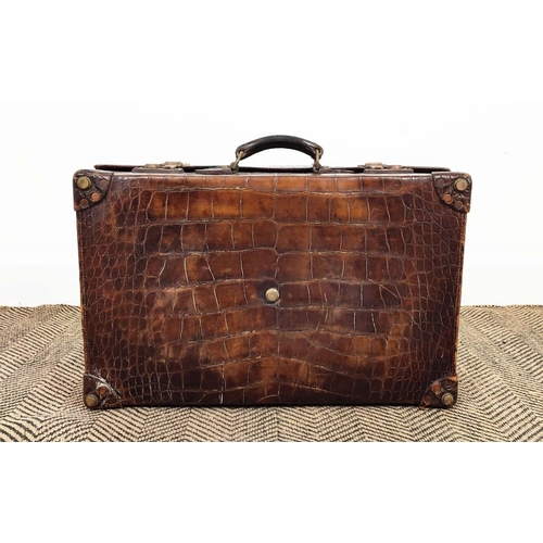 24 - CROCODILE VINTAGE SUITCASE, with leather interior, bottom feet, 61cm x 39cm x 8cm.